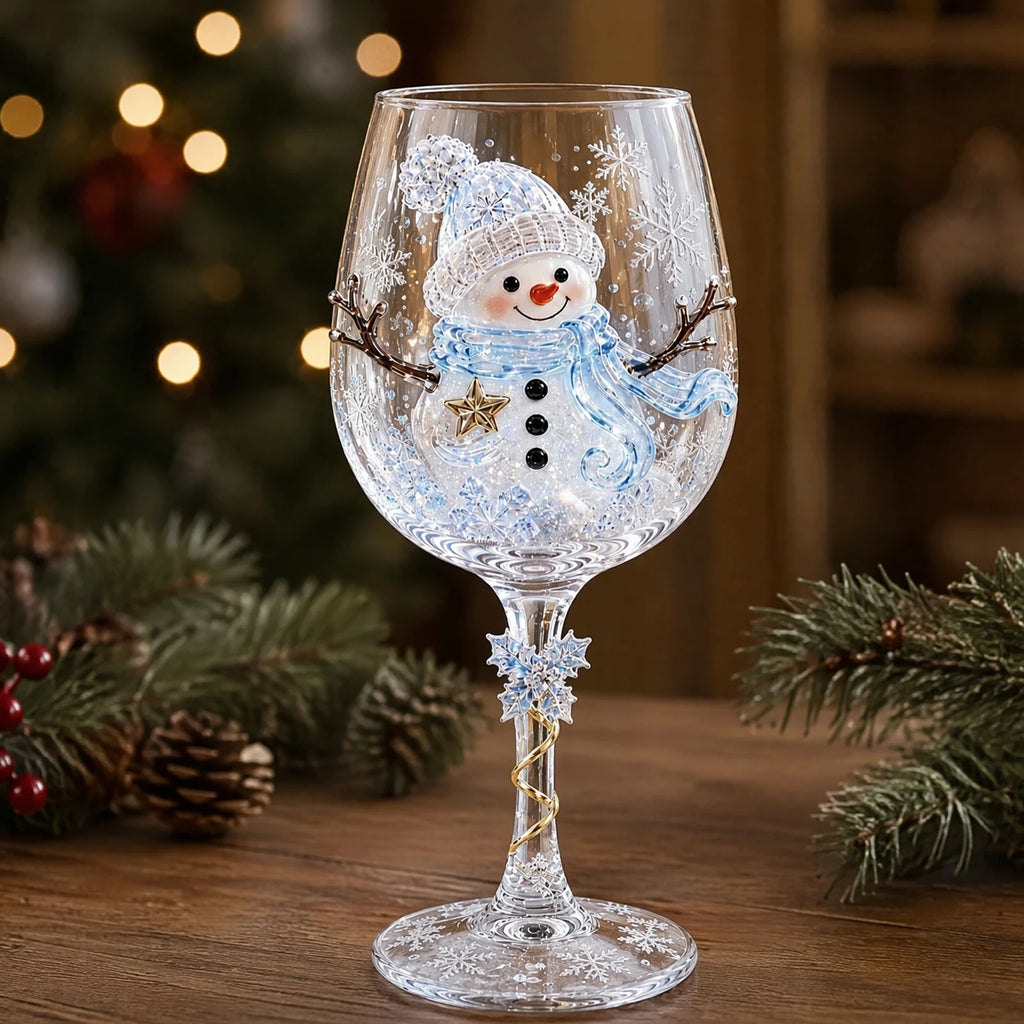 Holiday Stemware Christmas Wine Glass 2D Art Santa Snowman Reindeer Clear Goblet Party Cup