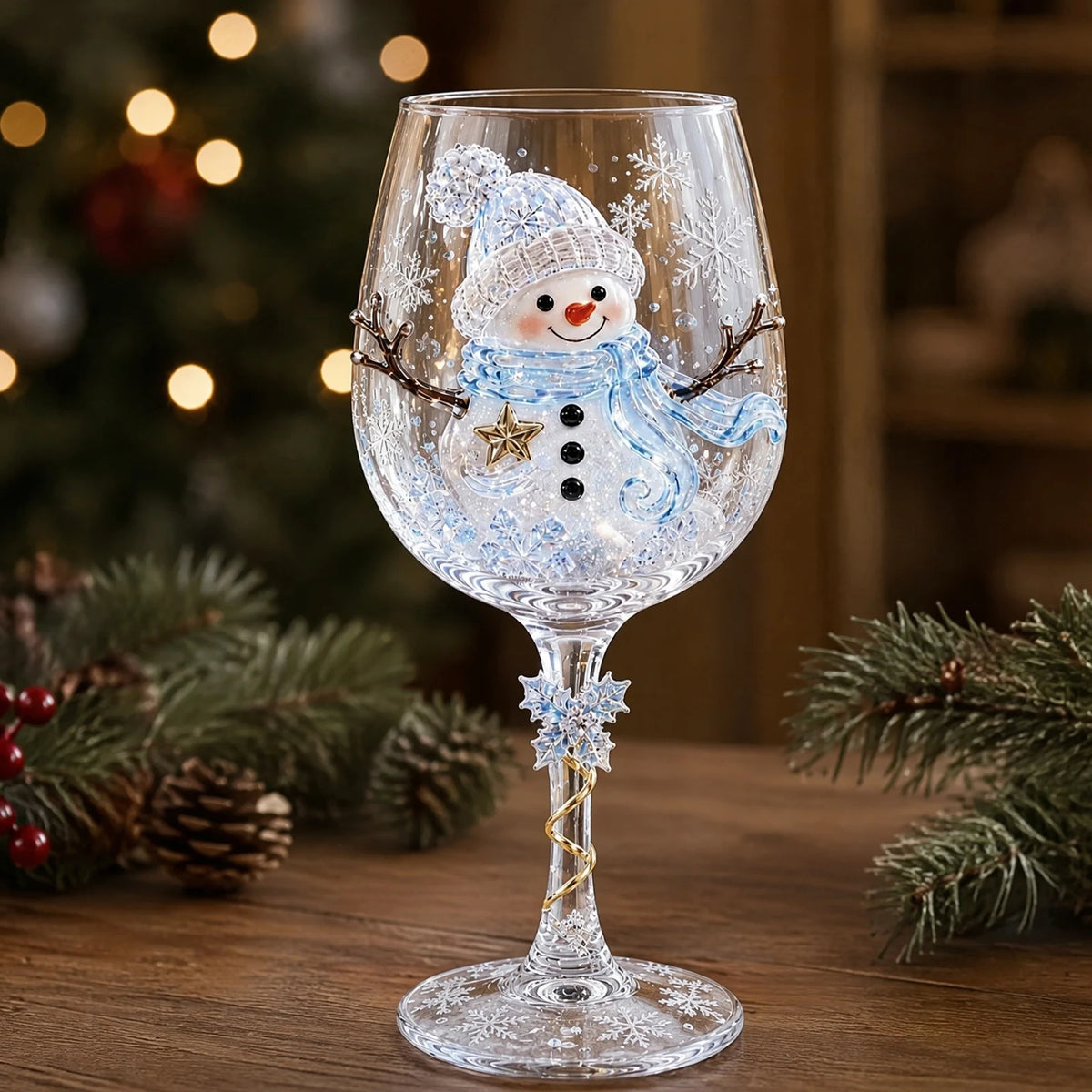 Holiday Stemware Christmas Wine Glass 2D Art Santa Snowman Reindeer Clear Goblet Party Cup