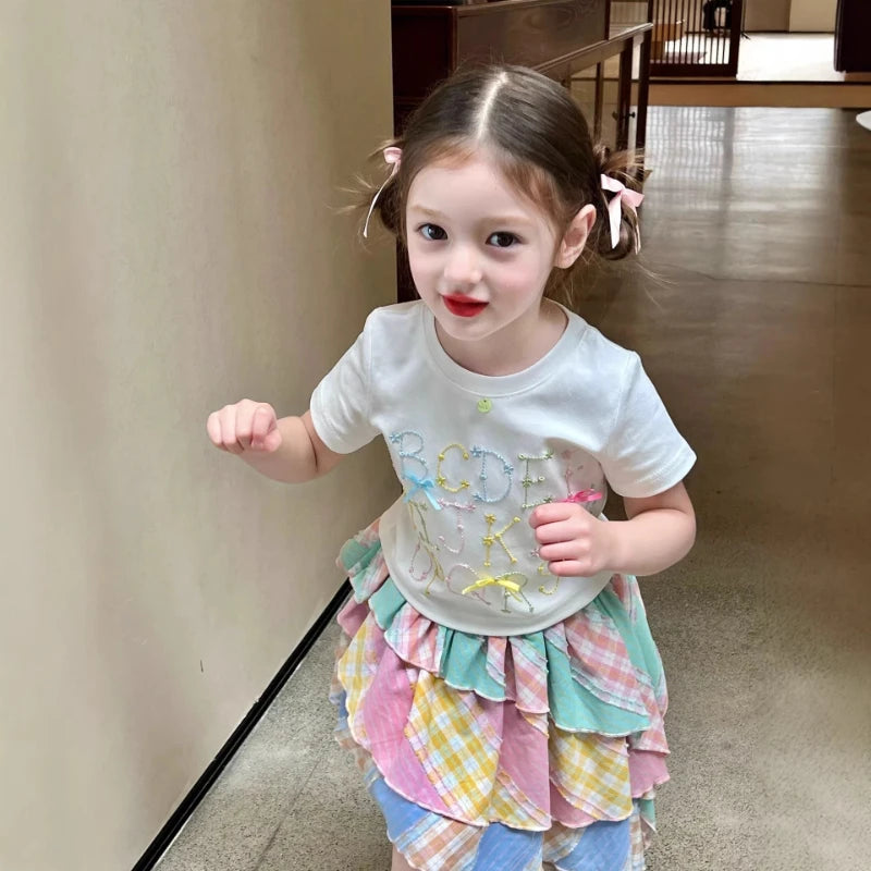 Sweet Two-piece Set for Girls 2026 Summer New Design Multi-color Striped T-shirt and Irregular Skirt