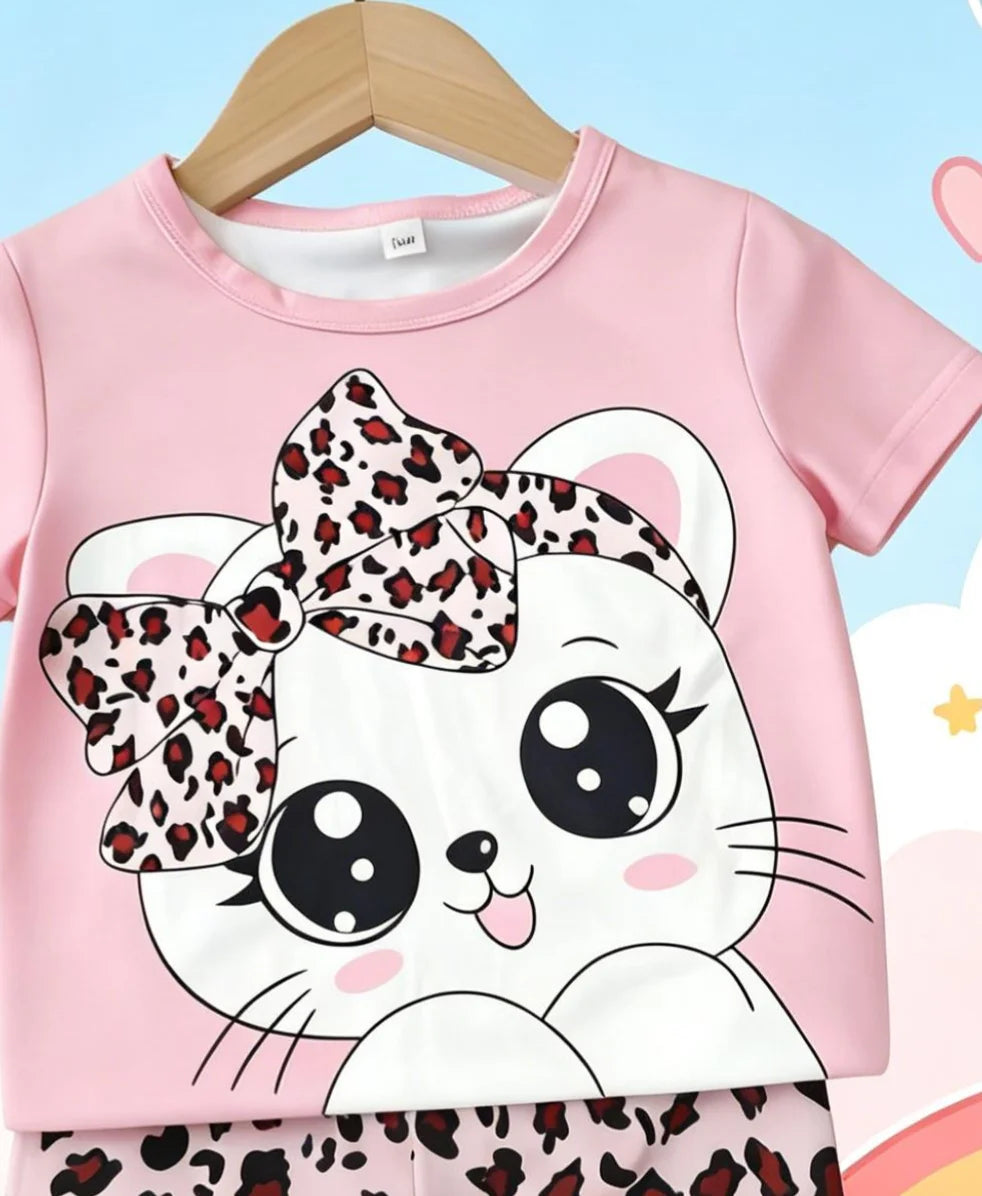 Sweet Cool Style Cartoon Cat Leopard Print Girls Short Sleeve Shorts Set New Arrival