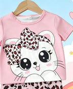 Sweet Cool Style Cartoon Cat Leopard Print Girls Short Sleeve Shorts Set New Arrival