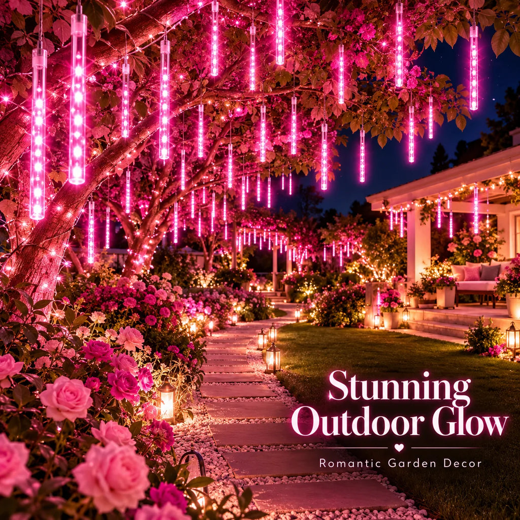 USB Pink Meteor Shower Lights Falling Rain Icicle LED Tube Fairy String Lights for Wedding Birthday  Window Christmas Decor