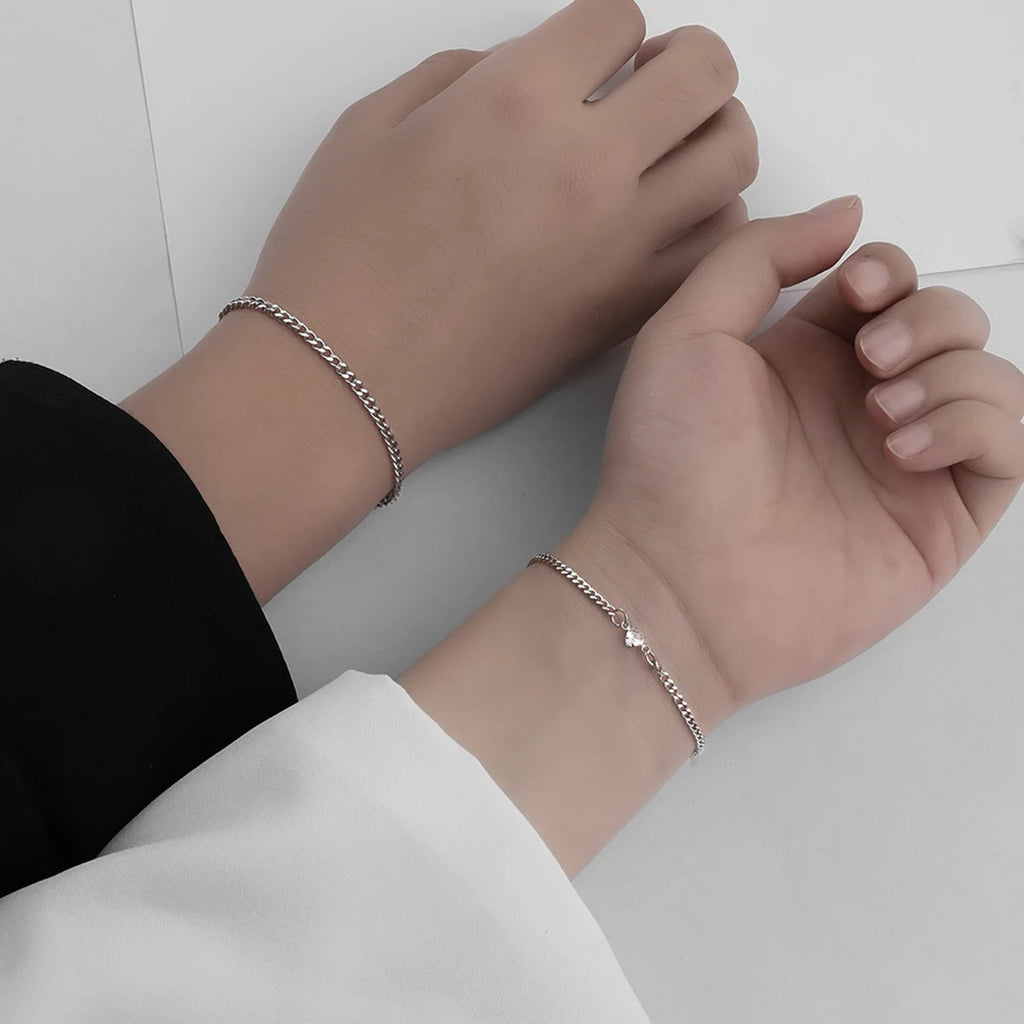 2Pcs Stainless Steel Chain Bracelet Set for Women Men Simple Crystal Heart Adjustable Couple Bracelets Couple Jewelry Gifts
