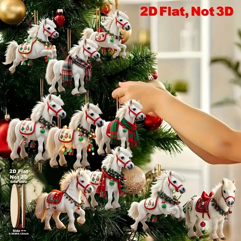 10pcs Elegant White Horse 2D Wooden Decorations Hanging on Christmas Trees As Christmas Decorations Xmas Party Best Giving Gifts