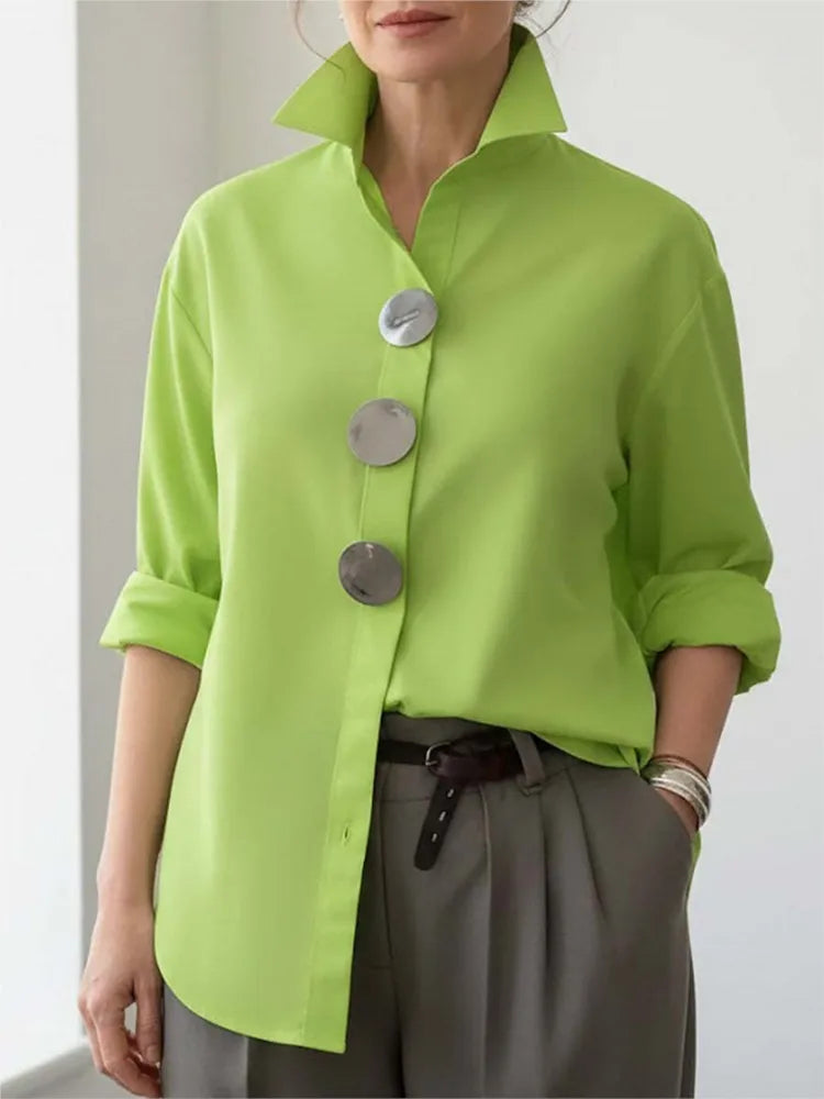 Women Casual Solid Loose Shirt Tops Spring Summer Fashion Lapel Shirt Long Sleeve Blouse Metal Button Top Office Ladies Blouses
