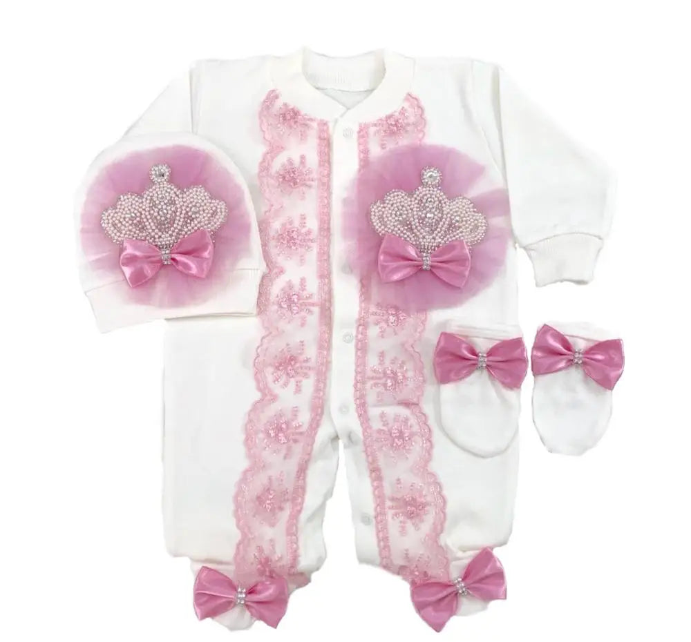 Baby Girl Coming Home Outfits Set Personalized Name Jewelry Crown Clothing Vintage Croche Infant Care Products Body Suit Pajamas