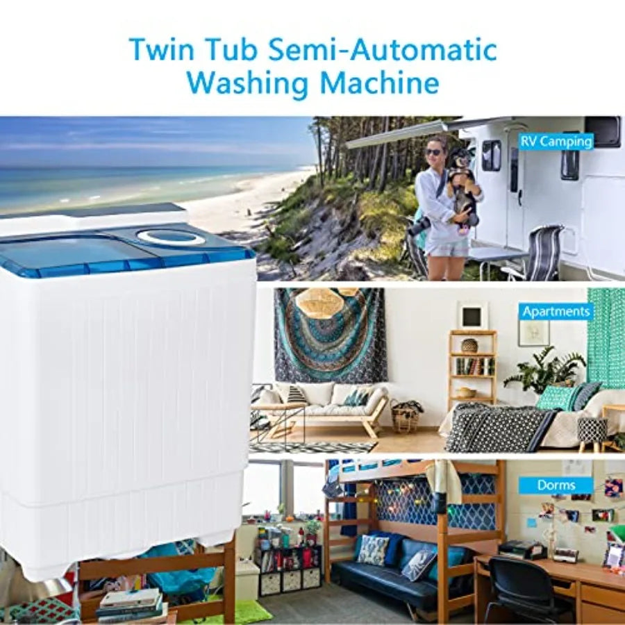 Portable washing machine for apartment RV use, blue plastic twin tub with 26 lbs total capacity 18 lbs washer + 8 lbs spinner,c