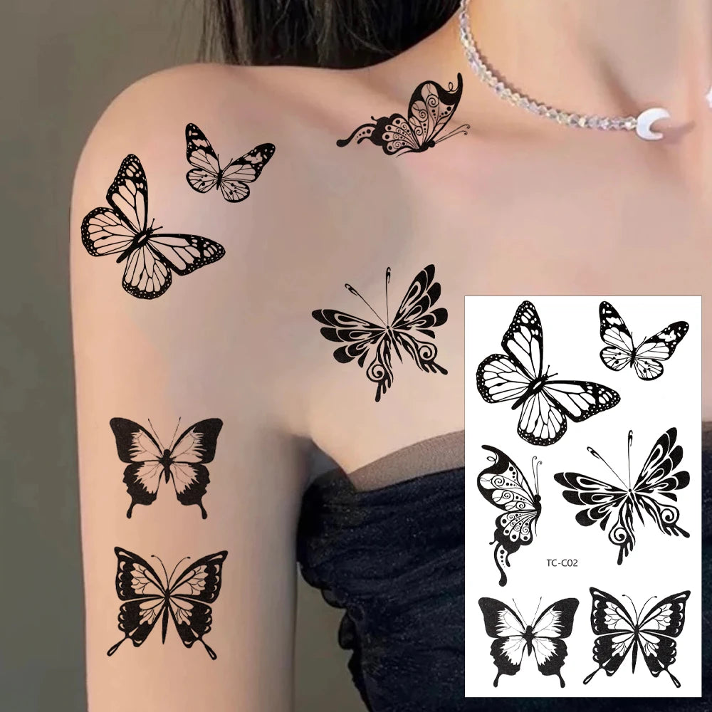 Black Butterfly Temporary Tattoo Sticker 30PCS/set 3D Butterfly Fake Tattoo Transfer Waterproof Tattoo Legs Arm Body for Women