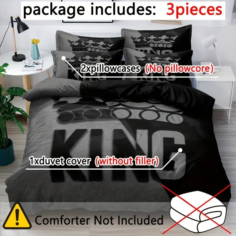 3pcs Grey and Black King Size Bed Pattern Down Duvet Cover Set Soft and Comfortable Bedroom and Dormitory Decoration Bedding Set
