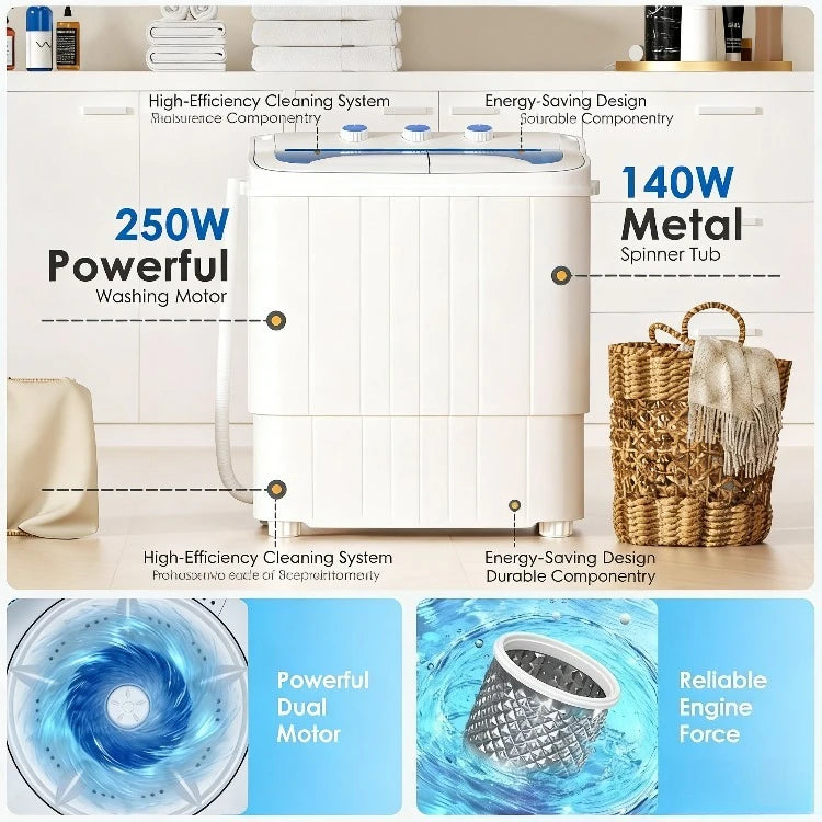 Portable Twin Tub Washing Machine Combo with Spin Dryer 16lbs Compact Laundry Washer for Apartment Dorm RV Camping