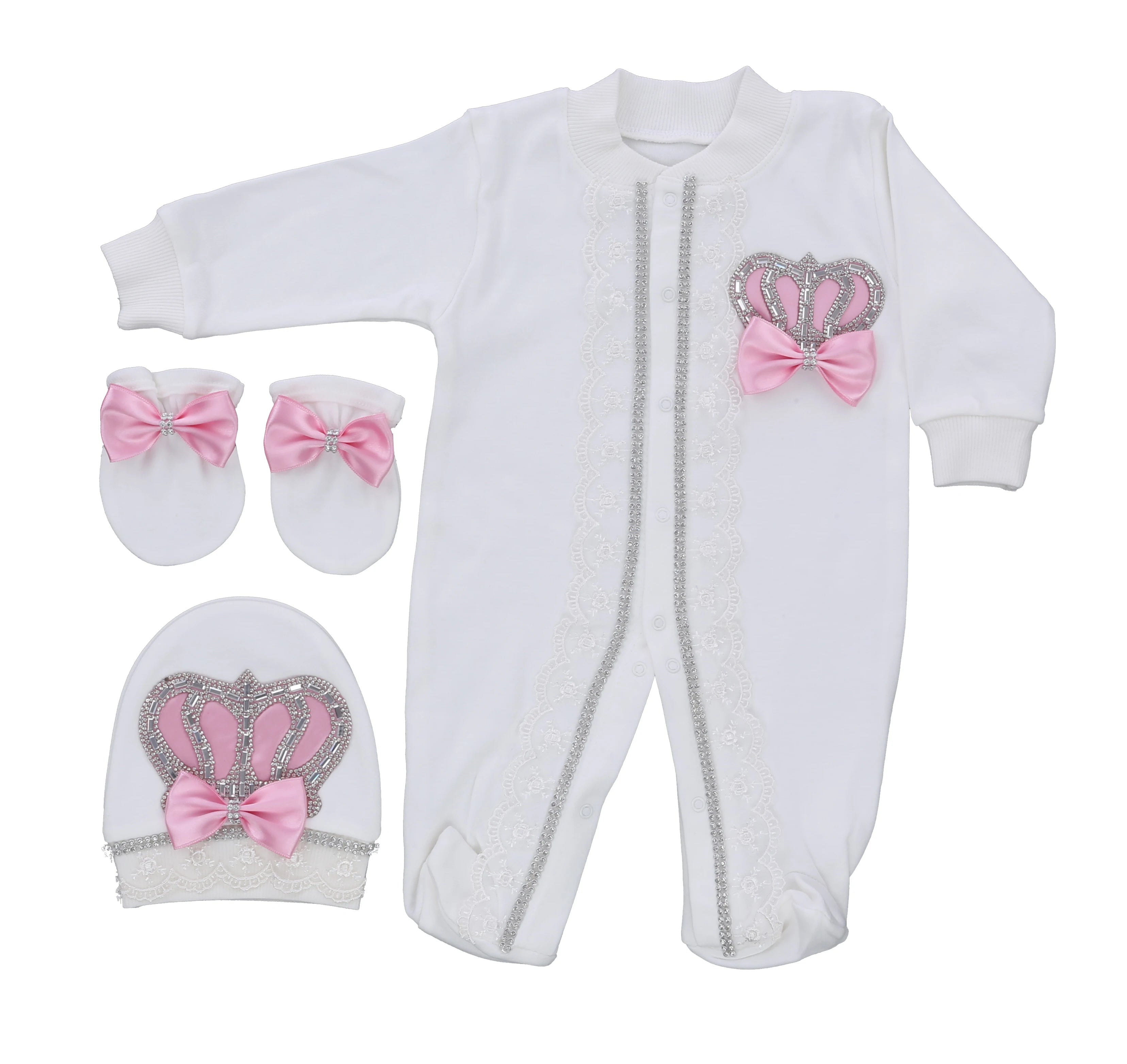 Baby Girl Coming Home Outfits Set Personalized Name Jewelry Crown Clothing Vintage Croche Infant Care Products Body Suit Pajamas