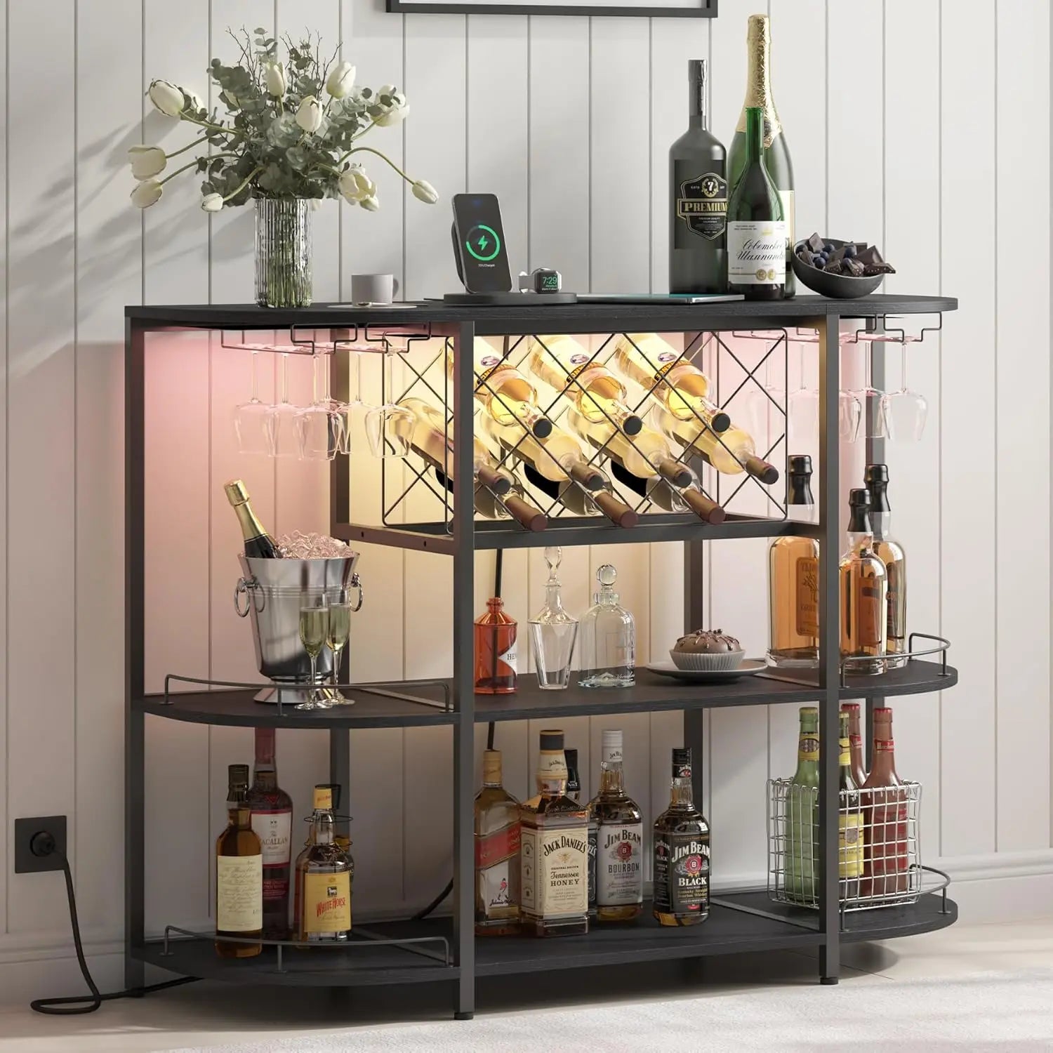 Wine Cabinet Bar Cart Table with Power Socket and LED Light, Three Tiers Coffee Bar Table Wine Rack Liqour Bar with, Customized