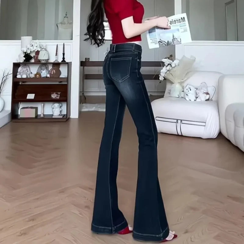 Women's Flared Jeans Solid Color Cowboy Pants for Woman Gyaru Teenagers Clothing Unique Flare Trousers Korean Fashion Stylish R