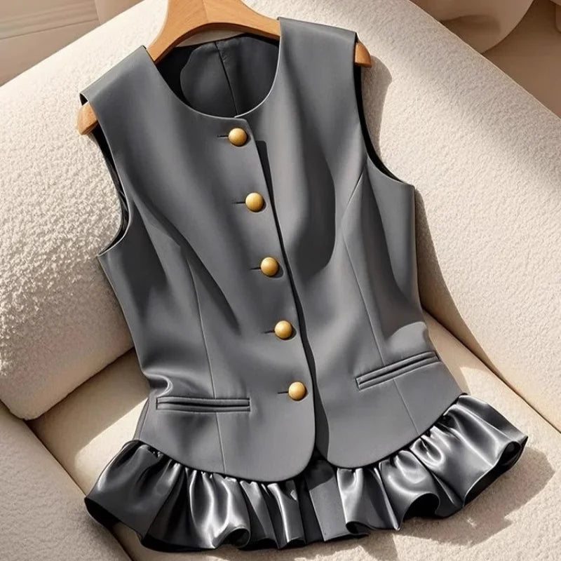 Spring Summer Jacket Vest Color Block Coffee Sleeveless Blazers Waistcoat Retro Female Outerwear All-match Fashion Office Lady