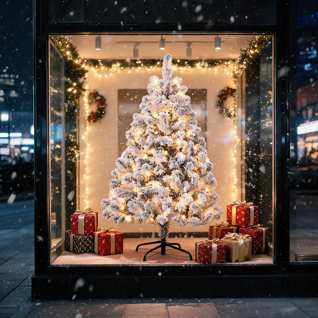 6FT Pre-Lit Snow Flocked Artificial Christmas Tree, 100 Warm White Incandescent Lights, 318 PVC Hints, Foot Pedal Switch, Collapsible Metal Stand, Easy Assembly Indoor Holiday Decor