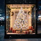 6FT Pre-Lit Snow Flocked Artificial Christmas Tree, 100 Warm White Incandescent Lights, 318 PVC Hints, Foot Pedal Switch, Collapsible Metal Stand, Easy Assembly Indoor Holiday Decor