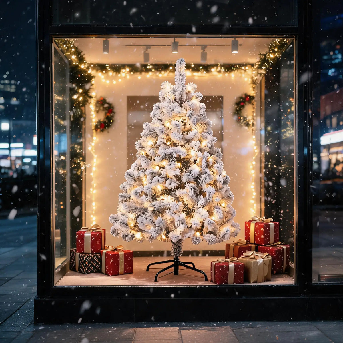 6FT Pre-Lit Snow Flocked Artificial Christmas Tree, 100 Warm White Incandescent Lights, 318 PVC Hints, Foot Pedal Switch, Collapsible Metal Stand, Easy Assembly Indoor Holiday Decor