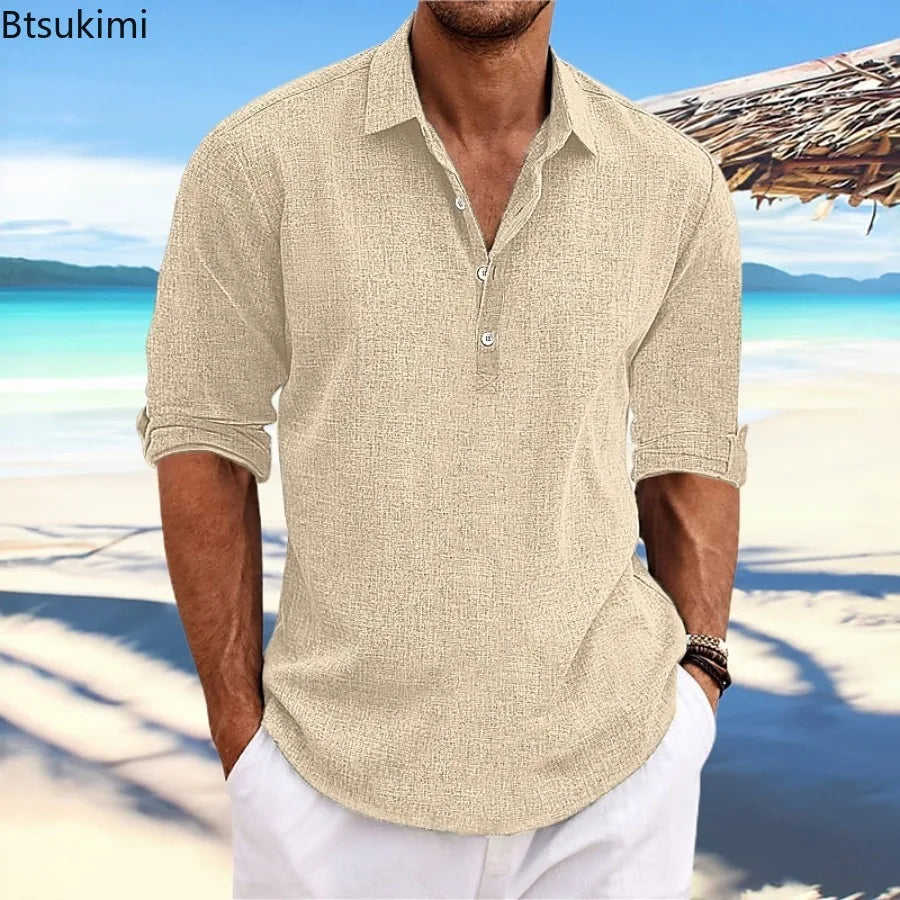 2026 Summer High Quality Men's Casual Cotton Linen Long Sleeve Shirt Solid Color Lapel Button Loose Tops Business Casual Blouse