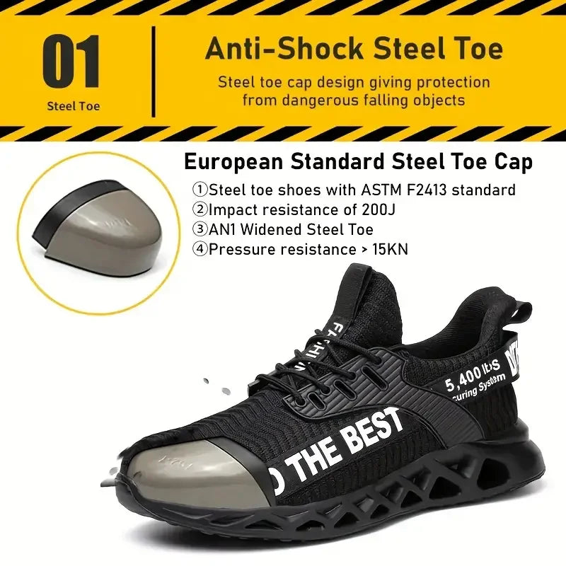 Steel Toe Safety Shoes for Men Lightweight Breathable Work Shoes Grey Anti-Smash Anti-Puncture Work Shoes Comfortable Durable