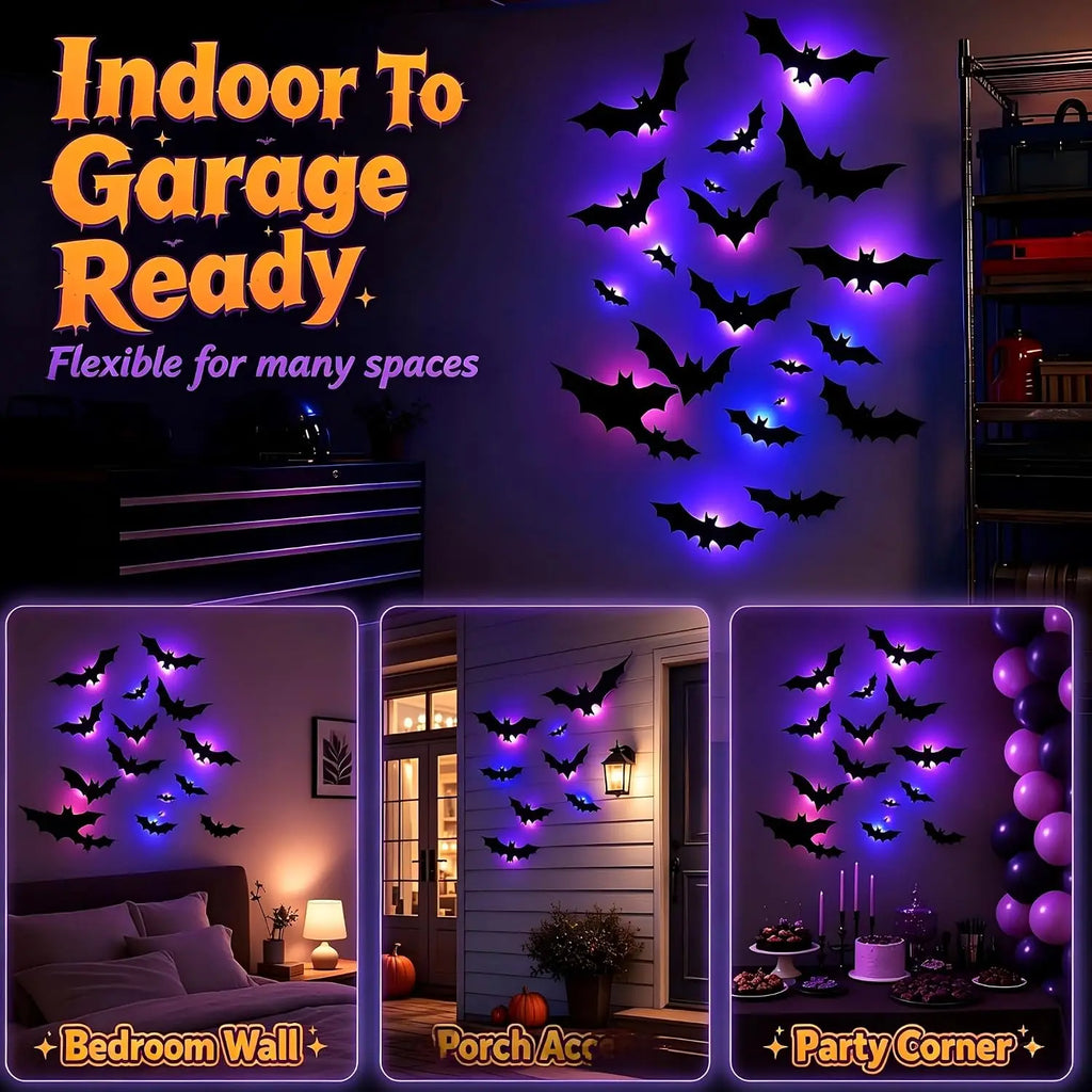 Glow in The Dark 3D Bat Wall Stickers Removable PVC Halloween Decor with 3 Sizes Easy Peel Stick for Windows Home Party Supply