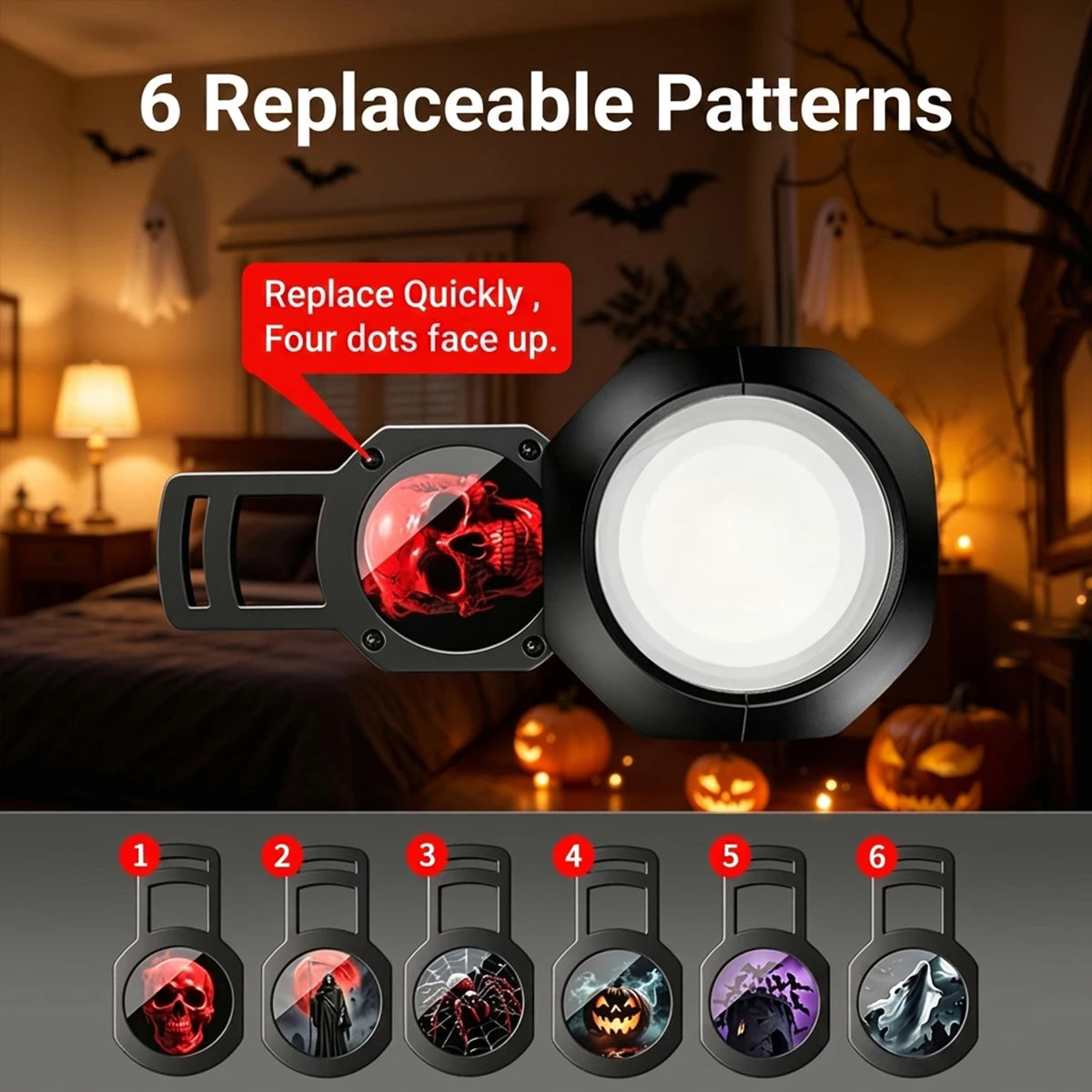 Halloween Projector Light 6 Patterns Mini LED Spooky Projection Lamp Bat Skull Ghost Spider Atmosphere Light Home Party Decor