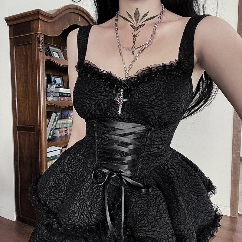 Y2K Elegant Black Sleeveless Lace Trim Party Dresses Vintage Goth Bandage A-Line Short Dresses Women Fashion Summer Dresses