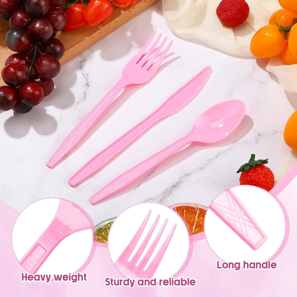30 Pieces Graduation Light Pink Plastic Silverware Heavy Duty Plastic Cutlery Set Heavyweight Disposable Flatware Includes Spoons Forks Knifes for Birthday Party Prom Night Wedding Dinner