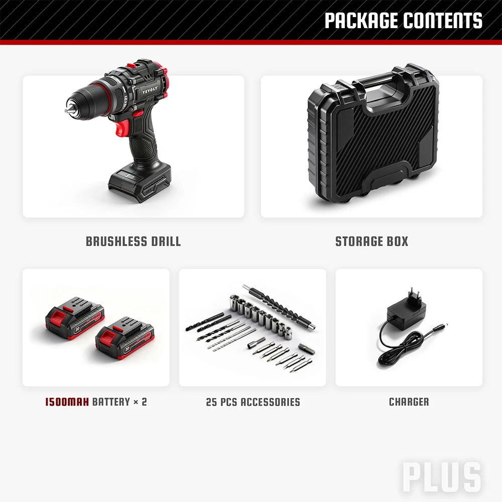YEVOLT Electric Drill 20V Brushless Li-ion Compact Cordless 21+1 Driver Handheld Screwdriver Power Tools YVGBD20DU2 Series