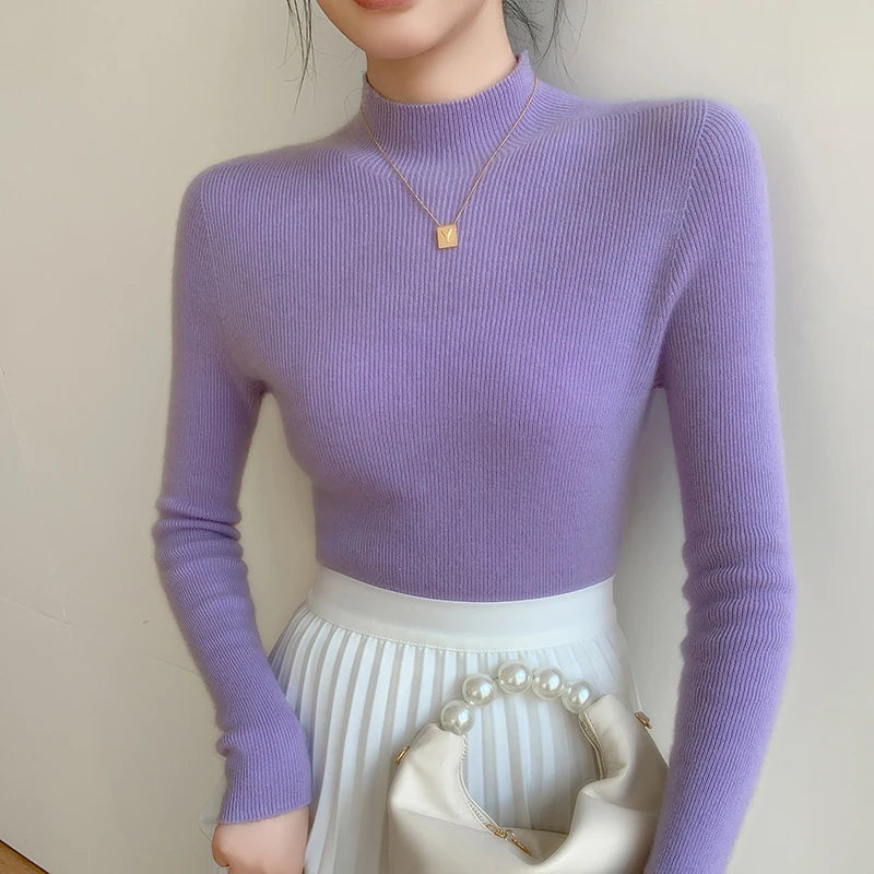 Autumn and Winter New Women's Cashmere Sweater 100% Pure Cashmere Semi High Neck Women's Pullover Soft Basic Women's Top