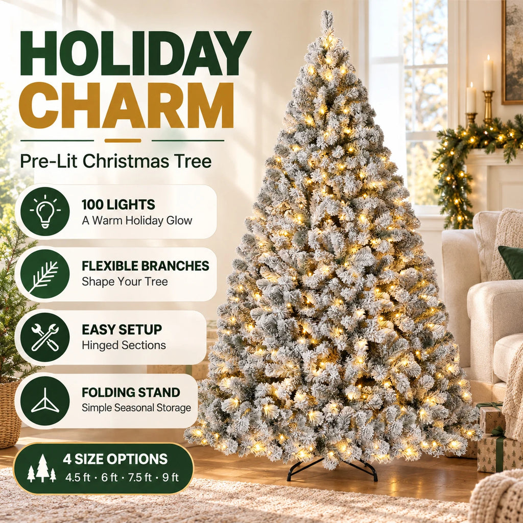 Prelit Artificial Christmas Tree with 100 Lights Snowflake Decorations Hinged PVC Branches Iron Trunk and Folding Metal Stand Green and White Holiday Decor for Living Room Home Christmas Party
