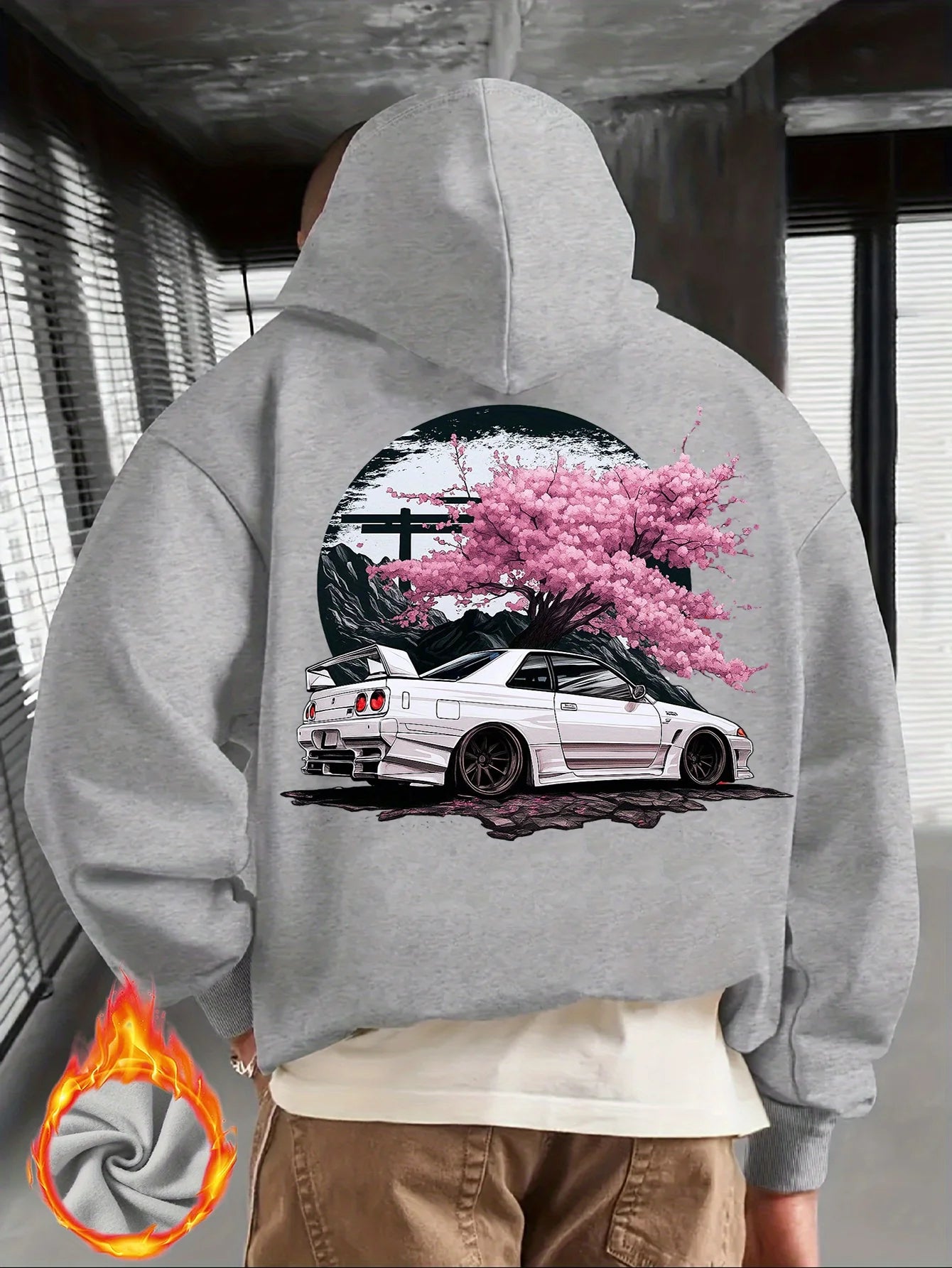 Men's Black Hoodie with White JDM Car and Pink Cherry Blossom Back Print, Japanese Street Style Pullover