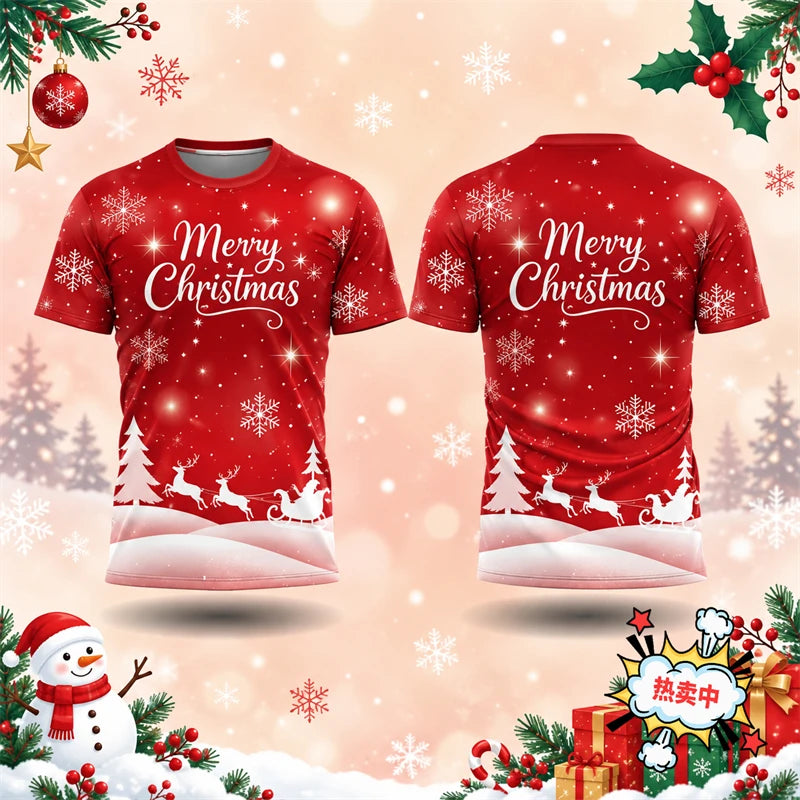 2026 New Merry Christmas T Shirt For Men Women 3D Print Snowflake Reindeer Sleigh Graphic Short Sleeve Xmas Tee Holiday Family