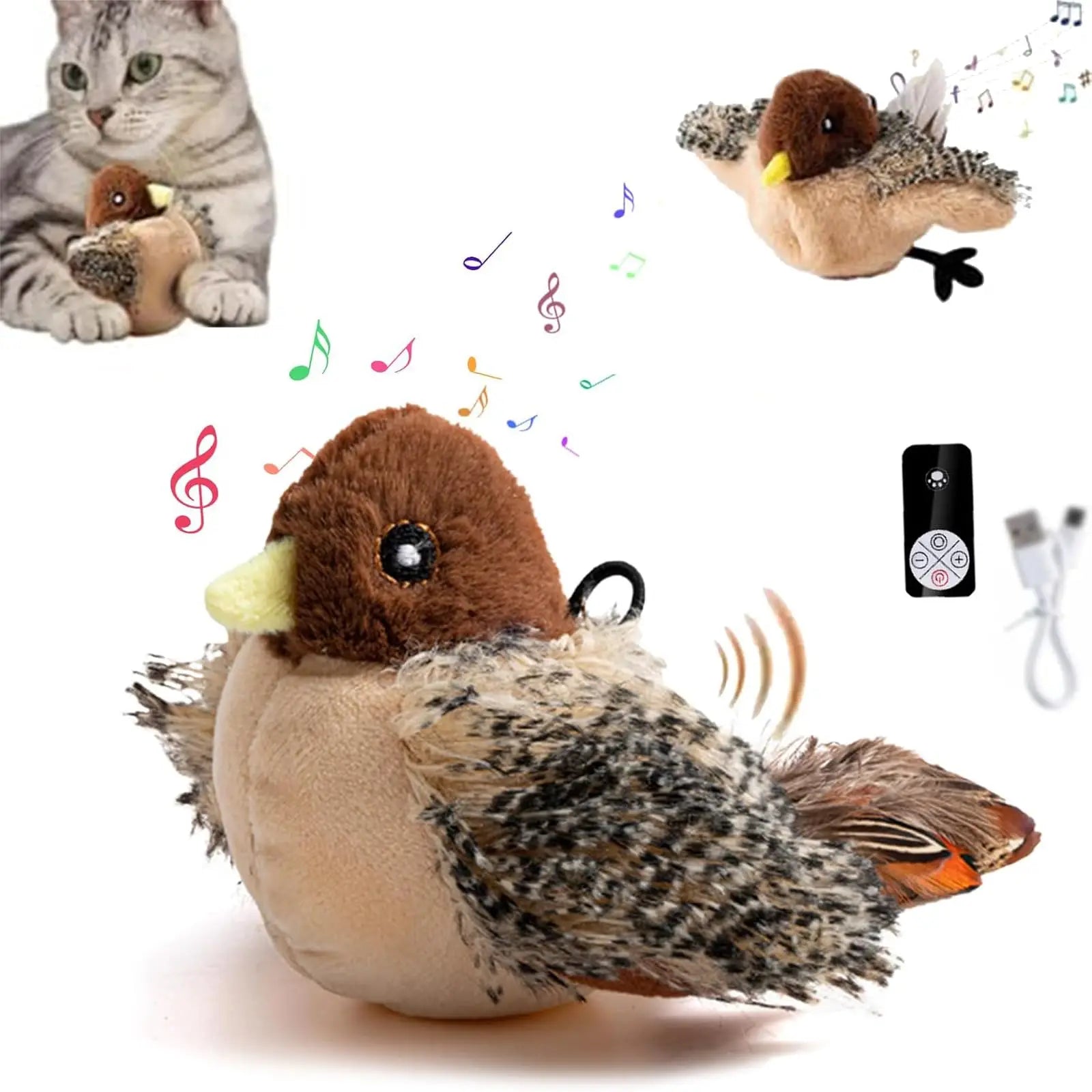 Interactive Cat Bird Toy 3 Levels Adjustable Simulated Chirping Electric Soft Plush with Flapping Wings for Kittens