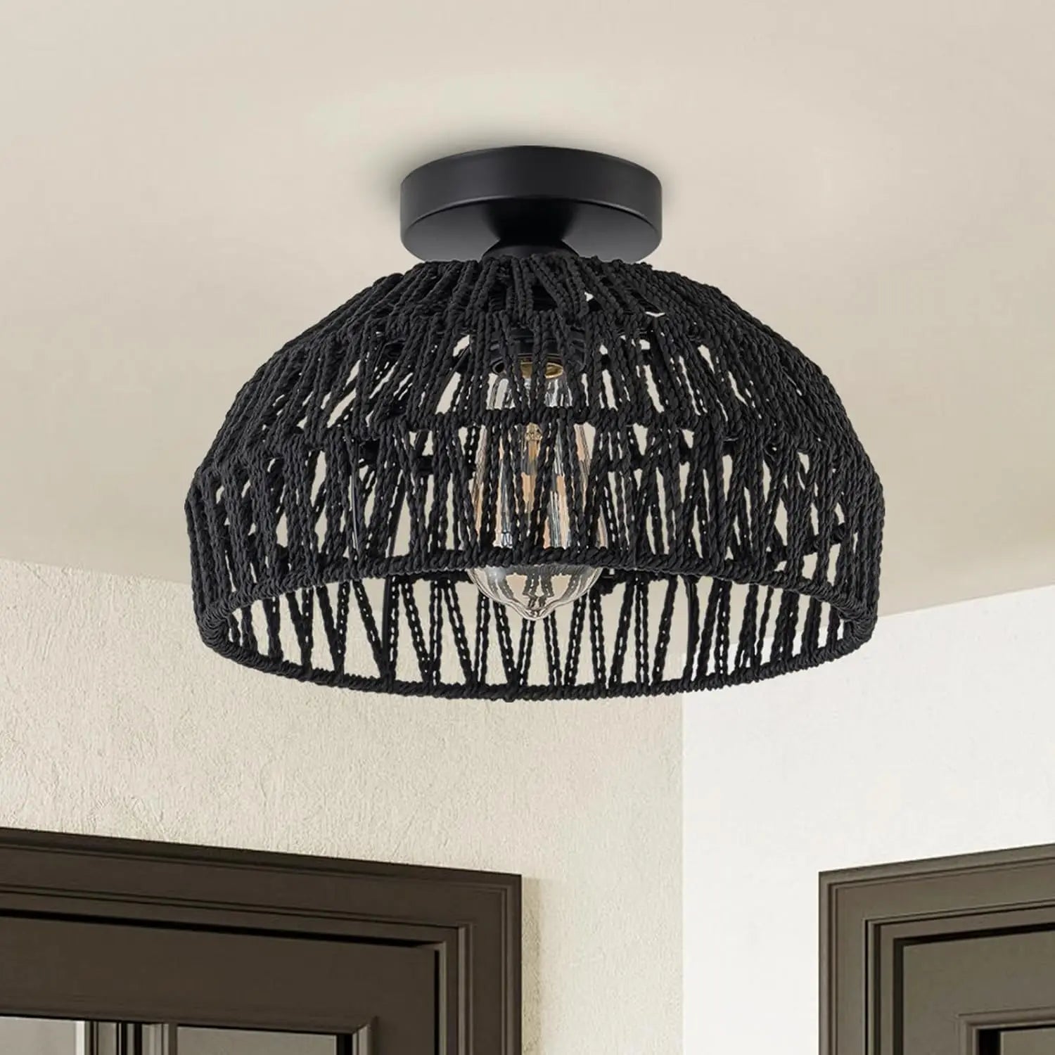 23/30cm Rattan Ceiling Light Fixtures Boho Chandeliers Lights Cream White/Beige/Black semi Flush Mount Ceiling Lamps for hallway