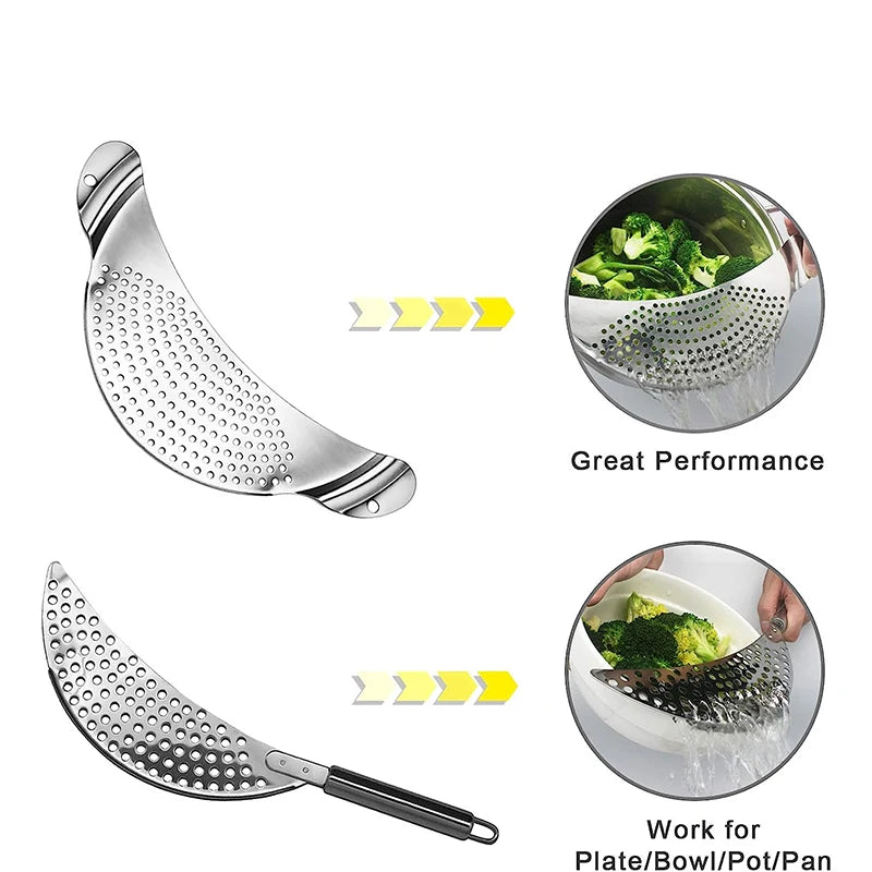 LMETJMA Stainless Steel Pot Strainer with Handle Kitchen Pasta Strainer Colander Insert Drainer for Different Pot Pan JT170