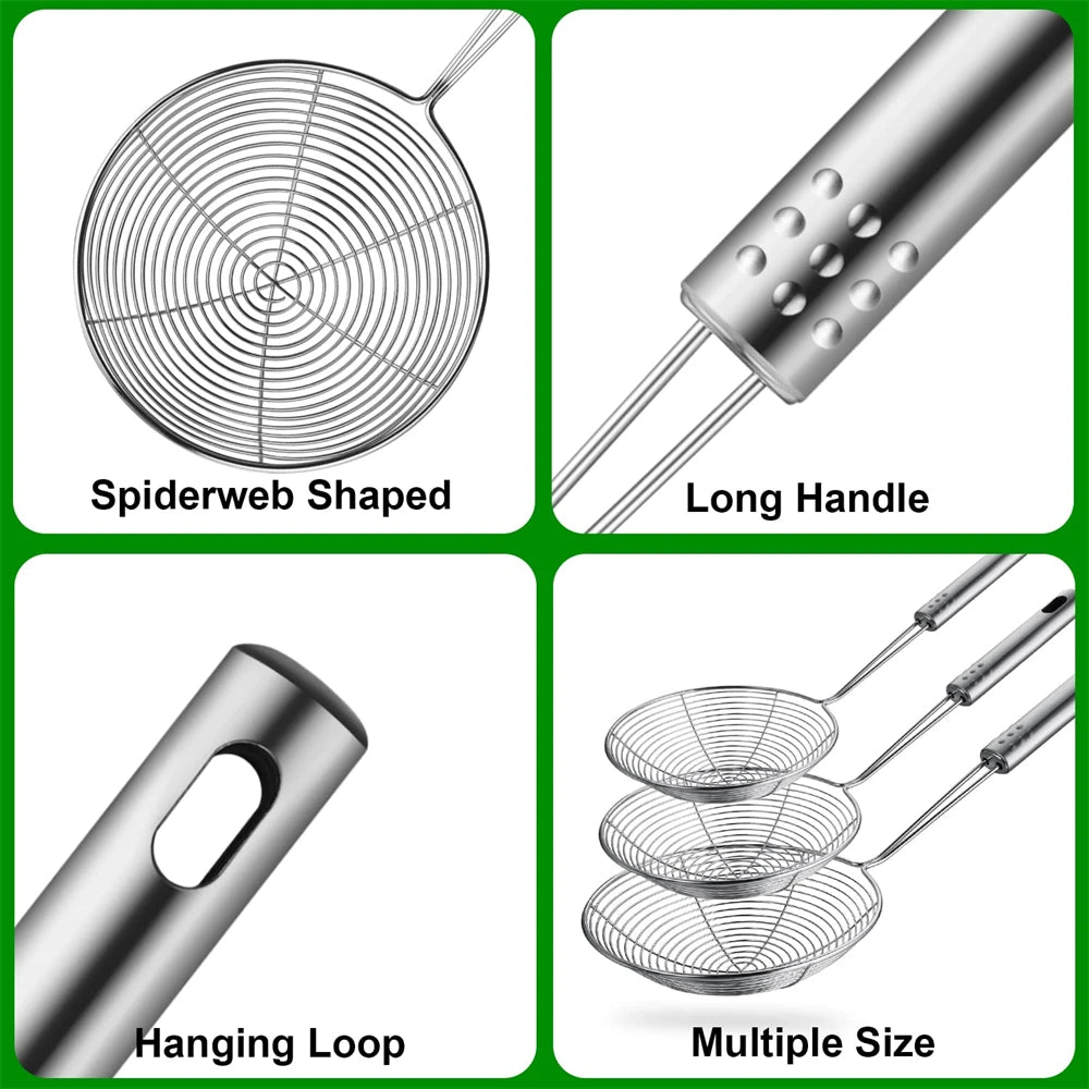 1/3pcs Spider Strainer Oval Skimmer Stainless Steel Filter Mesh with Handle for Kitchen Frying Food Pasta Spaghetti Cooking Tool