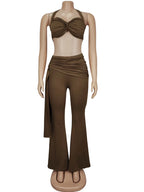 Beyprern New Chic Twist Front Crop Top And Long Straps Wide Legs Pants Set Womens Ruched Metal Tracksuits Set Night Out Overalls