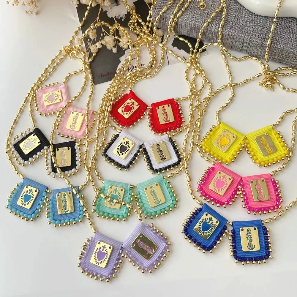 3Pcs 2024 Fashion Gold Plated Handmade Beaded Religious Cross Bracelets Necklaces Fine Jewelry Mary Charm For Women Girls Gift