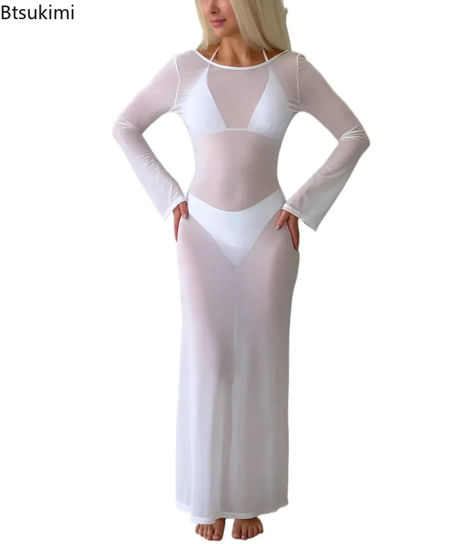 New Women's Mesh See-Through Dress Sexy Slim Backless Long Sleeve Floor-Length Dresses Beach Swimsuit Cover Ups Bikini 3pcs Sets
