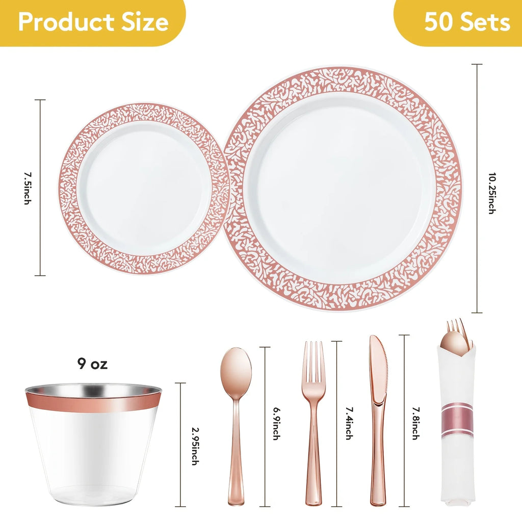 350pcs Rose Golden Plastic Dinnerware Set for 50 Guests, DISPOSABLE Lace Plates for Party, Include: 50 Rose Golden Party Plates, 50 Dessert Plates, 50 Pre Napkins with Silverware, 50 Cups