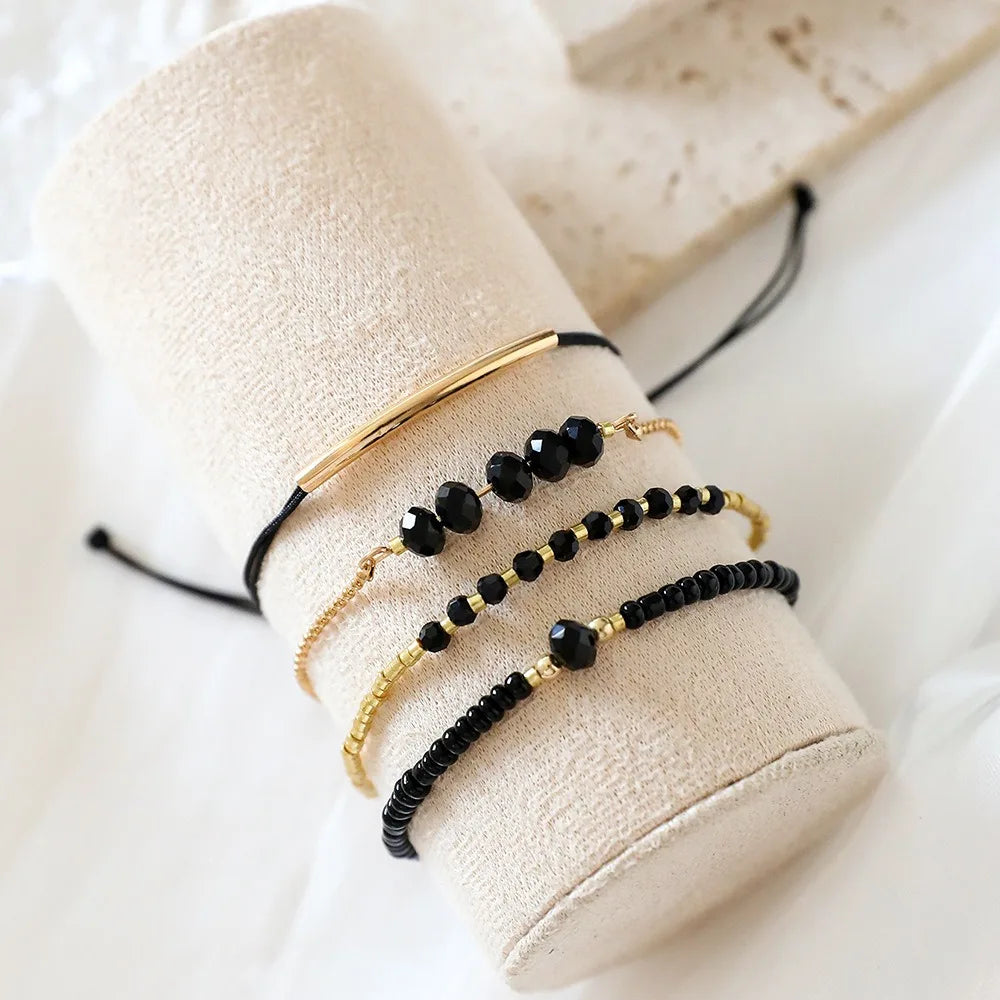4PCS Fashion  Black Glass Stone Bracelet Set For Women Bohemian Multilayer Stacked Rice Beaded Link Chain Jewelry