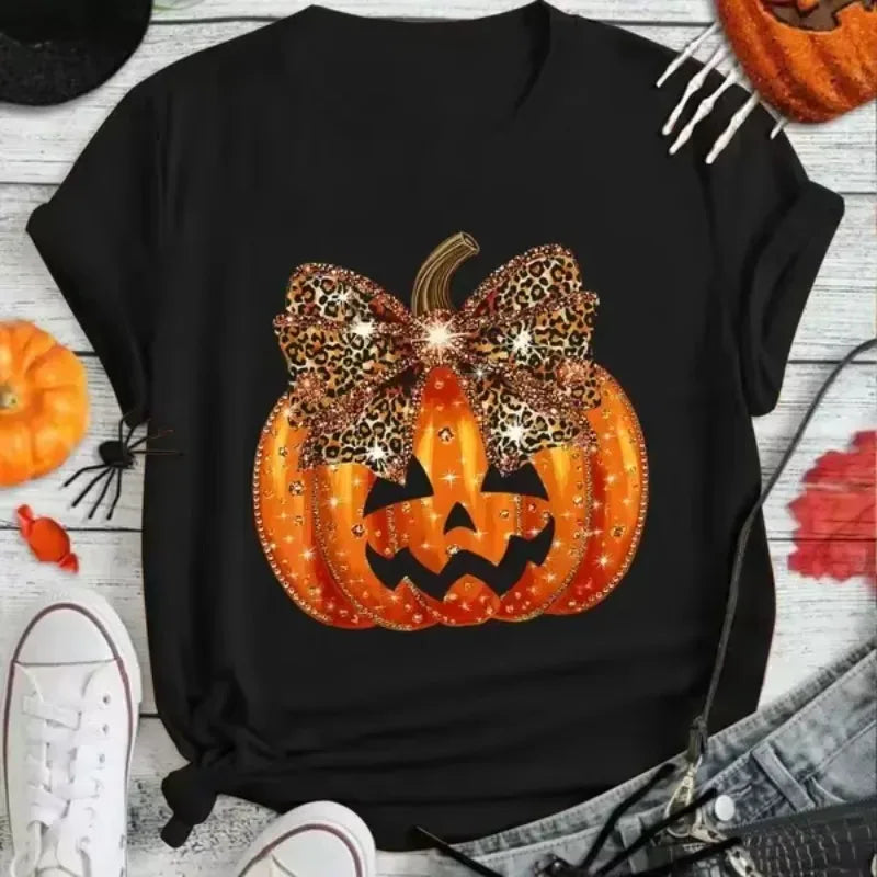 Halloween Shining Pumpkin Lantern Print Women Tee O-Neck Short Sleeve Streetwear Fashion Breathable Design Casual Women T-shirt