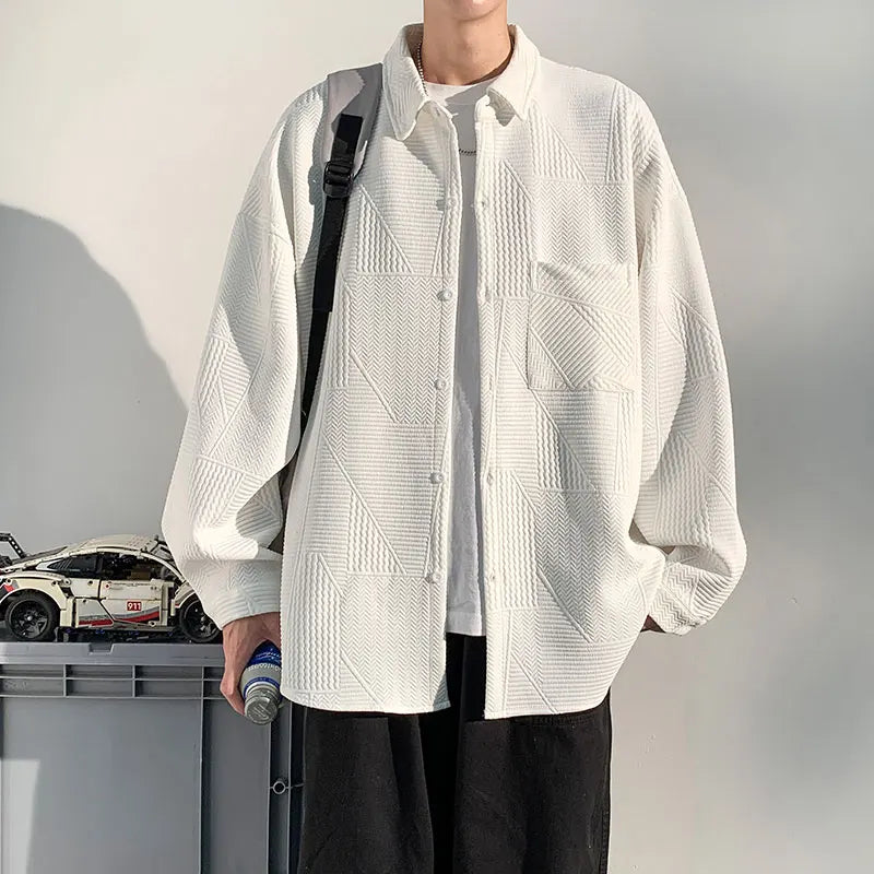 Men's plus Size Casual Long Sleeve Shirt Single Breasted Solid Color Loose Fit Button down Top Jacquard Fabric Fall Fashion M-XX