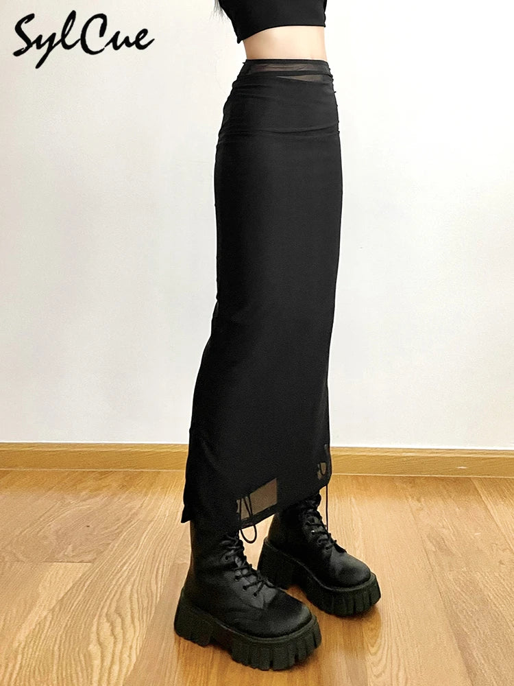 Sylcue Black Simple All-match Casual Commuter Summer Street Travel Cool Youth Vitality Tight Sexy High-elastic Women's Skirt