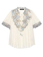 Floral Stamp Lace Patchwork Blouse Ruffle Neck Tie Front Puff Short Sleeve Loose Boho Shirt Women's Casual Vacation Top 2026 New