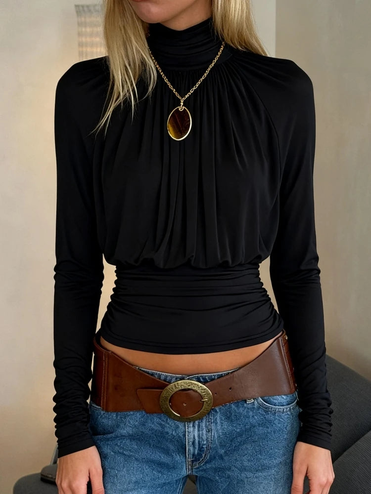 Solid Black T-Shirts for Women Elegant Clothes Turtleneck Camisetas Lady Tops Long Sleeve Ropa De Mujer Shirring Feminist Shirt