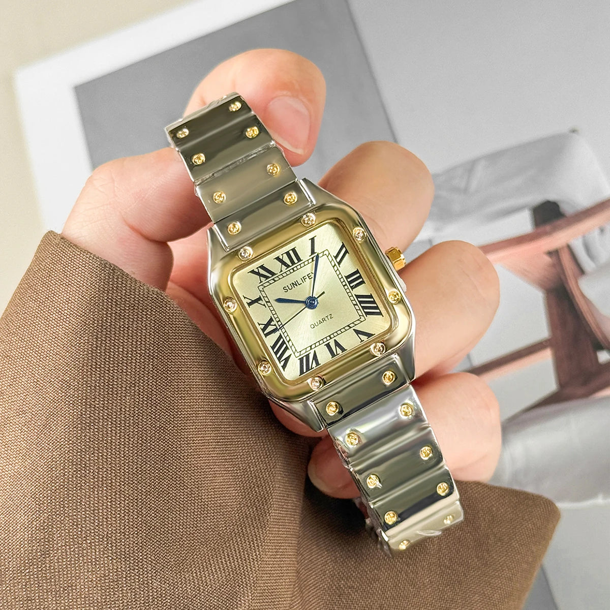 SUNLIFEX New Fashion Square Watch Women Quartz Wristwatch Stainless Steel Strip Female Roman Scale Watches Clock Gift Relogio