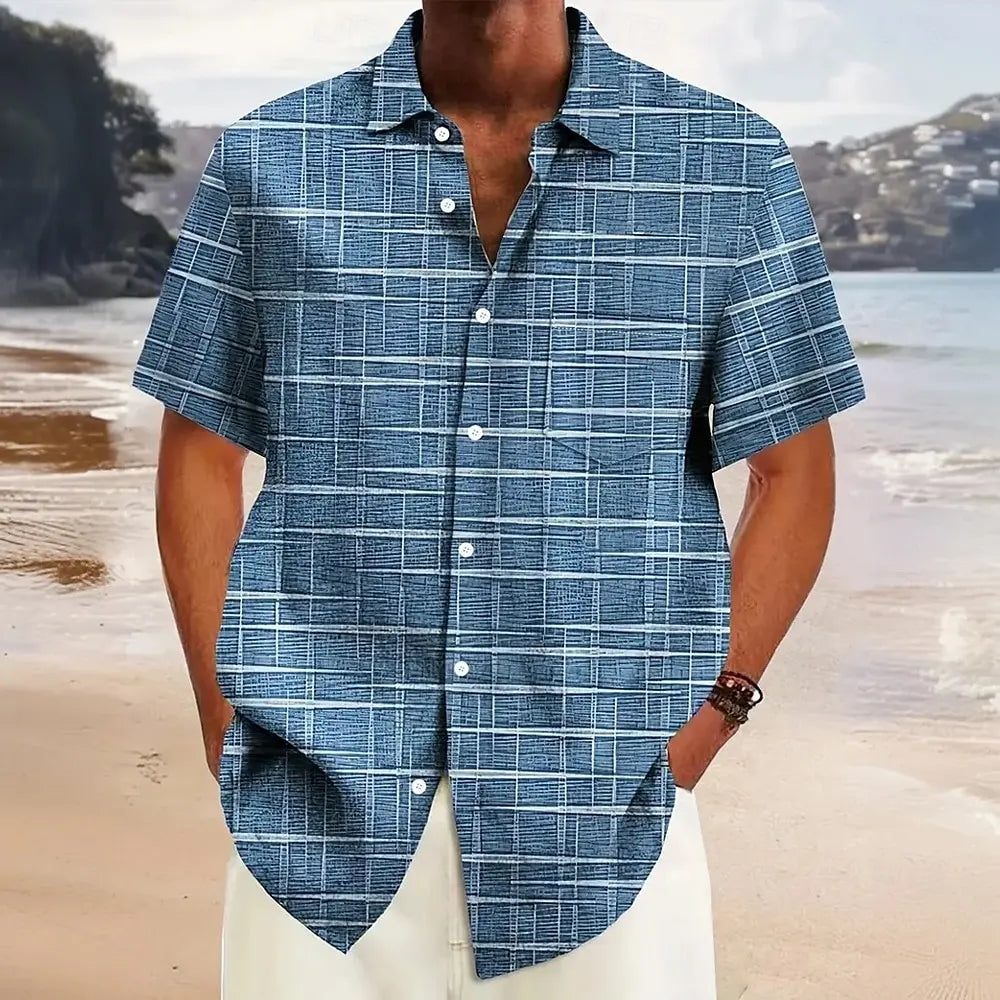 Hawaiian men's summer designer shirts casual short sleeves lapel short sleeves 3d casual plaid stripe pattern tops three colors