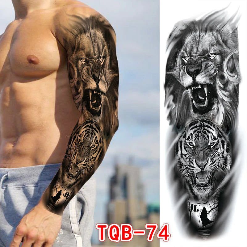 Large Arm Tattoo Sticker Full Sleeve Temporary Tattoos for Men Fish Wolf Tiger Tattoo Fake Tatoo for Women Waterproof Body Art