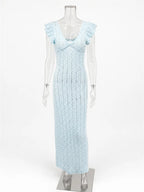 Tossy Ruffled Hollow Out Knit Long Dress Women V-Neck Fashion Patchwork See-Through Beach Holiday Dress Knitwear Female Dress